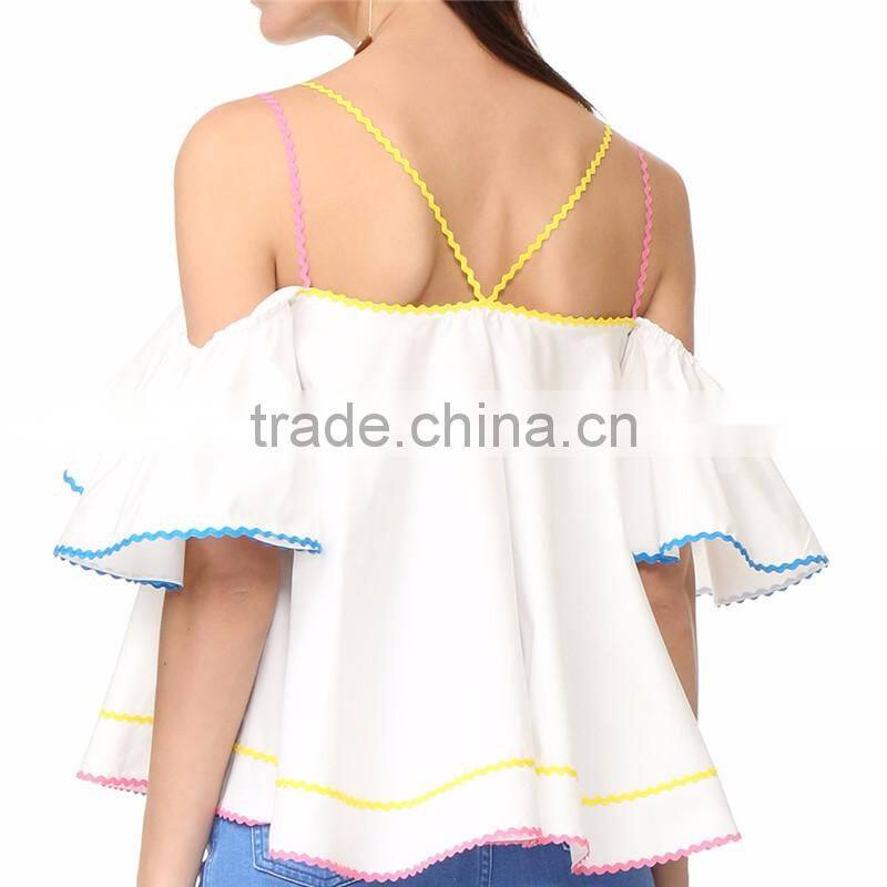 Summer off shoulder short flutter sleeves rickrack latest designer blouses