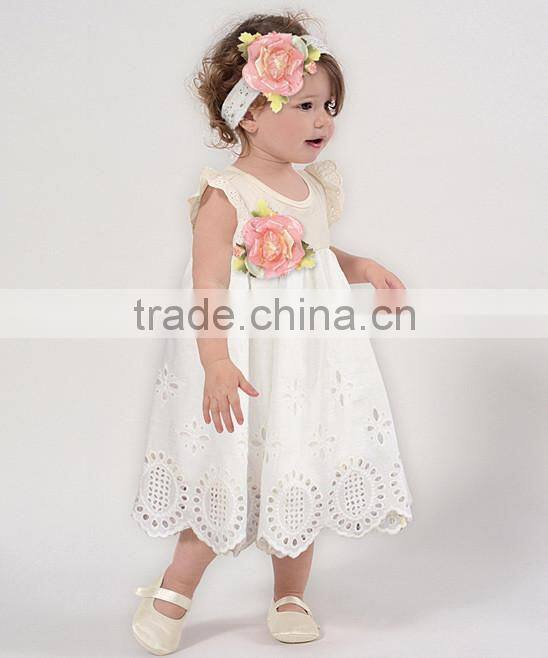 Hot White Infant Girls Dress With Headband Cotton Flower Baby Wear Fancy Toddler Clothes CS90421-70