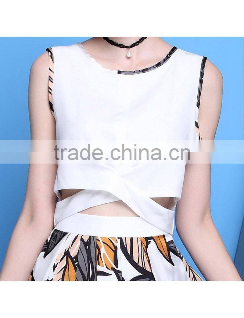2016 hot sale special design sleeveless contrast color wide A-line middle and long dress