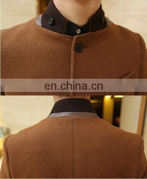 Newest Design Slim Fit Stand Collar Leather Trim Men's Wool Coats Camel