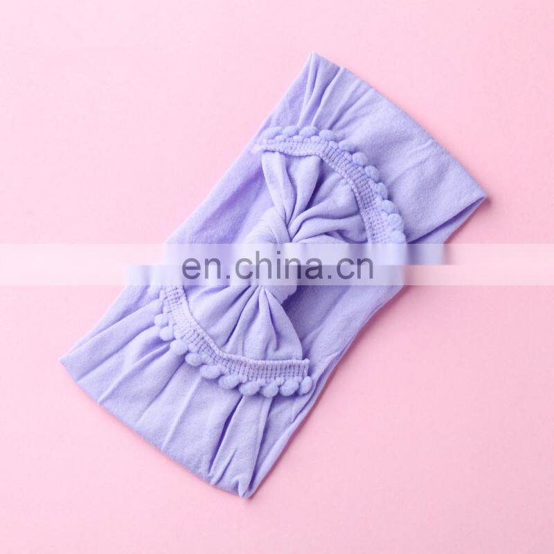 33Colors Kids Solid Nylon Headband with fringe Bow Girls Pom Pom Soft Headwear