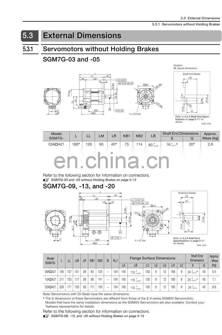 YASKAWA 5.5kw servo motor SGM7G-55A7C6C for cnc motion control system