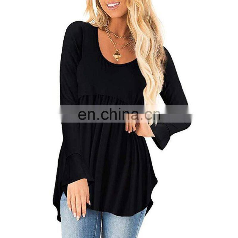 Wholesale custom women's tops Western style Spring and Autumn new fashion Solid color Round neck Long sleeve