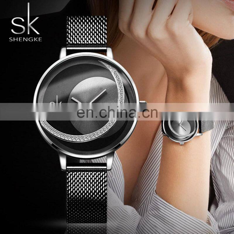 SHENGKE Dazzling Dial Alloy Watches Woman Black Mesh Belt Alloy Waterproof Ladies Wholesale Watches K0088L Reloj Para Mujer
