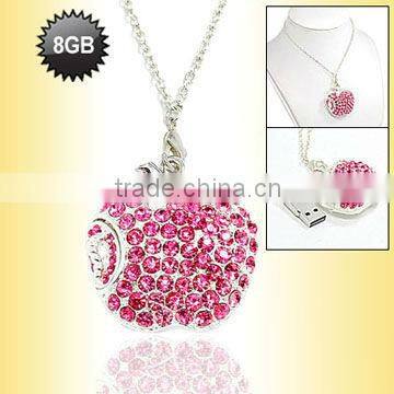 Beautiful Pink Apple Shape Necklace Jewelry USB Flash Driver 8GB with CZ diamond Accept Paypal