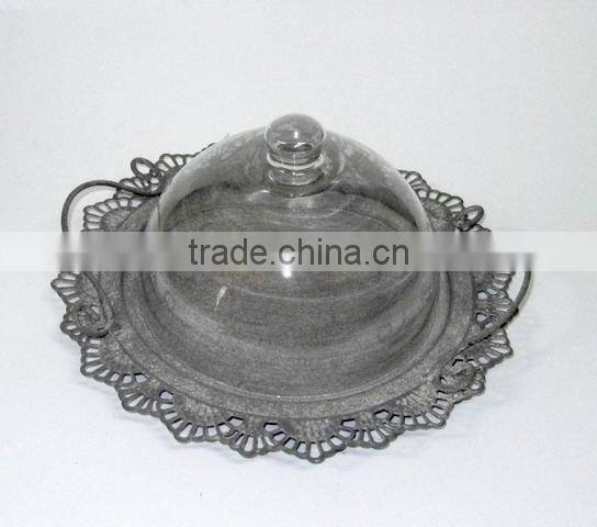 100065F-1- Antique Grey Metal and Glass Dome Holder
