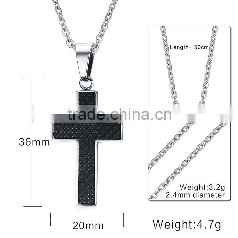 Stainless Steel Carbon Fiber Cross Pendant Necklace High Polished with Free Chain Silver Gold