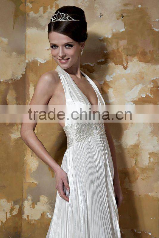 Real Sample White Halter Deep V-neck A-line Ruffles Backless Wedding Dress xyy03-094