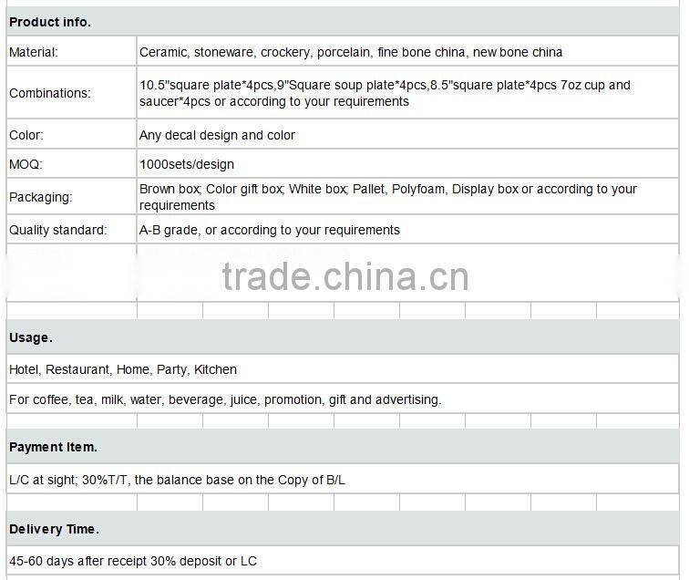 Wholesale 20 pcs ceramic square dinner set/Fine porcelain dinner set /tableware /dinnerware set/cutlery set/flatware