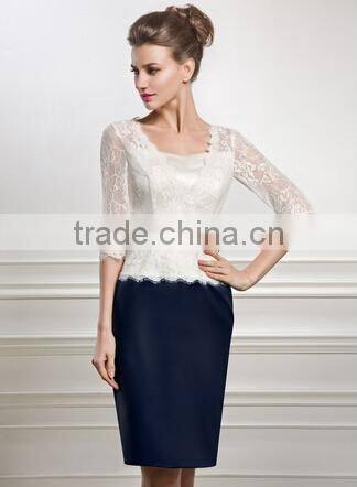 Knee-Length Satin Lace suit Dress Long Sleeve With Beading