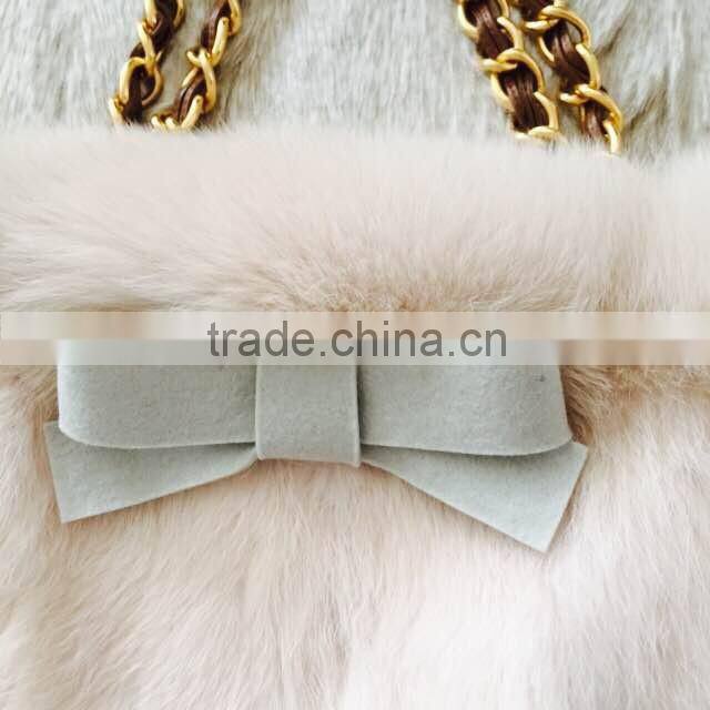 Lovely Design Animal Fur Handbag With Chain Fancy Rabbit Fur Purse With Bow Hot Selling