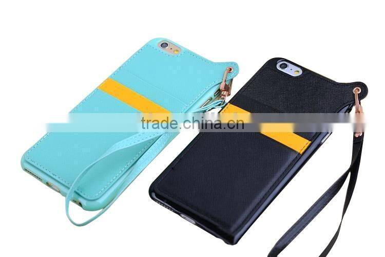Ultra thin pu skin+tpu dual color cellphone pocket leather case for iphone 6/6s with hand rope