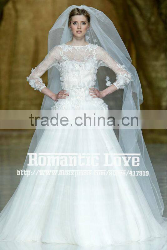 R13610 2013 Barcelona summer show see-through 3/4 long sleeve lace wedding dress