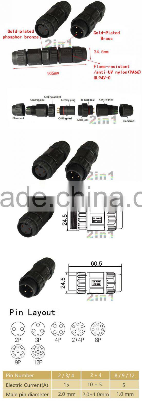2 in1 260A Series 3 pin power male female wire connector, IP68 Waterproof Connectors