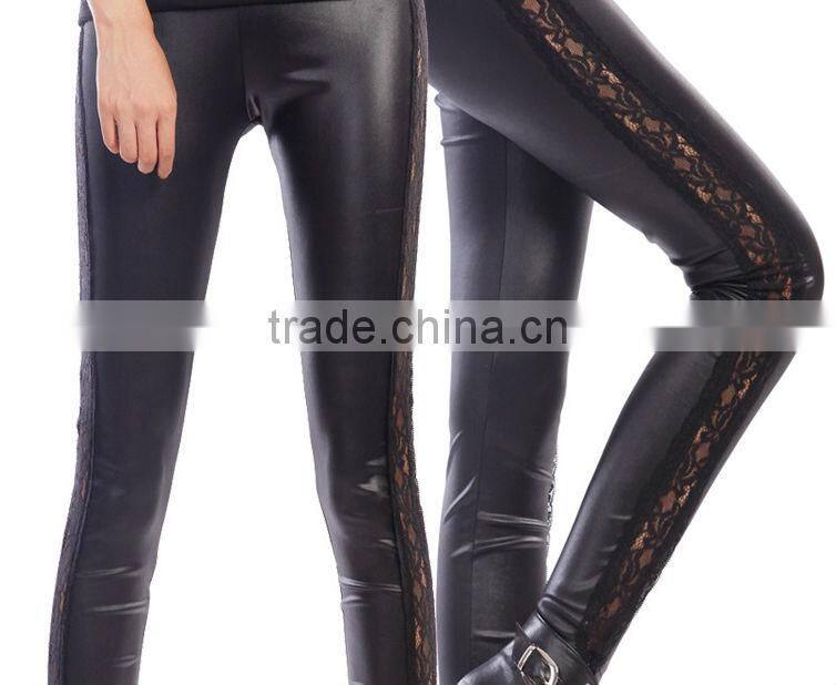 2014 New Hot Sexy Girls Black Faux Leather Leggings With Lace Design Good Breathable Leggings For Women