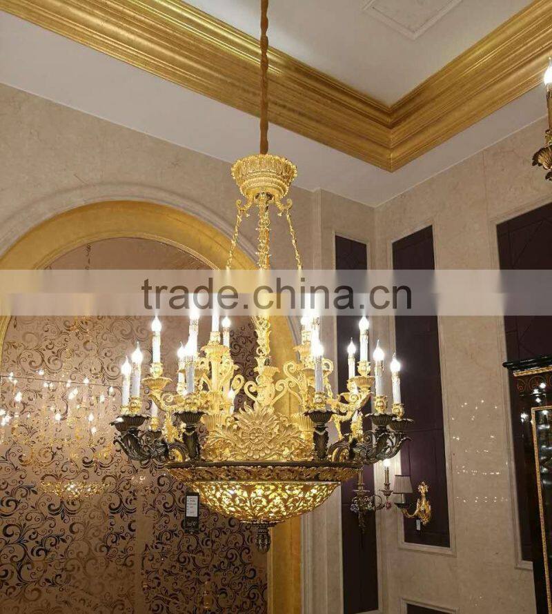 Rococo Style Golden Brass 24 Lights Chandelier/ 24K Plated Luxury Copper Pendant Light/ Antique Hotel Ceiling Lamp