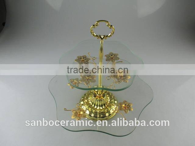 Wholesale glass cake stand, two tier golden glass cake stand with flower decoration