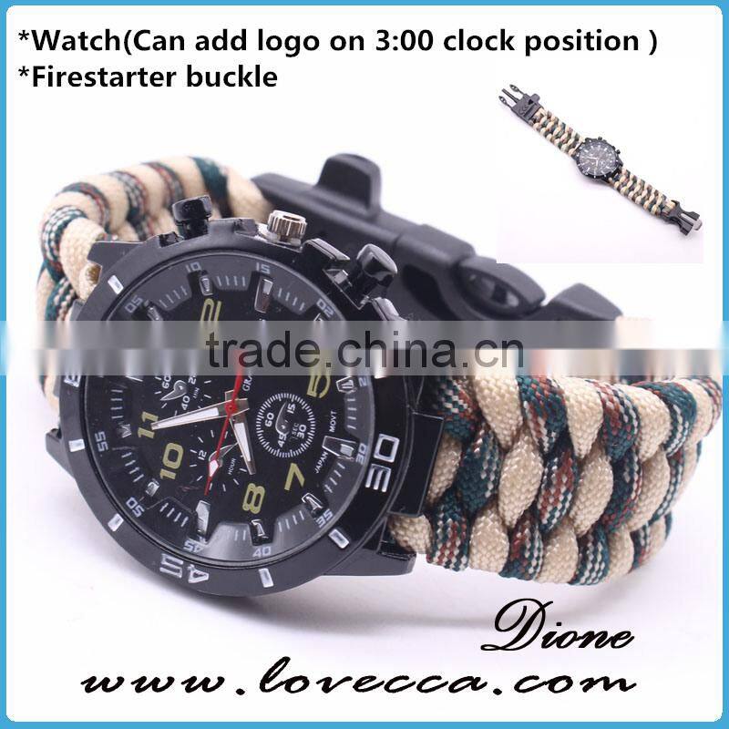 Multifunctional custom logo whistle firestarter buckle 550 paracord survival watch