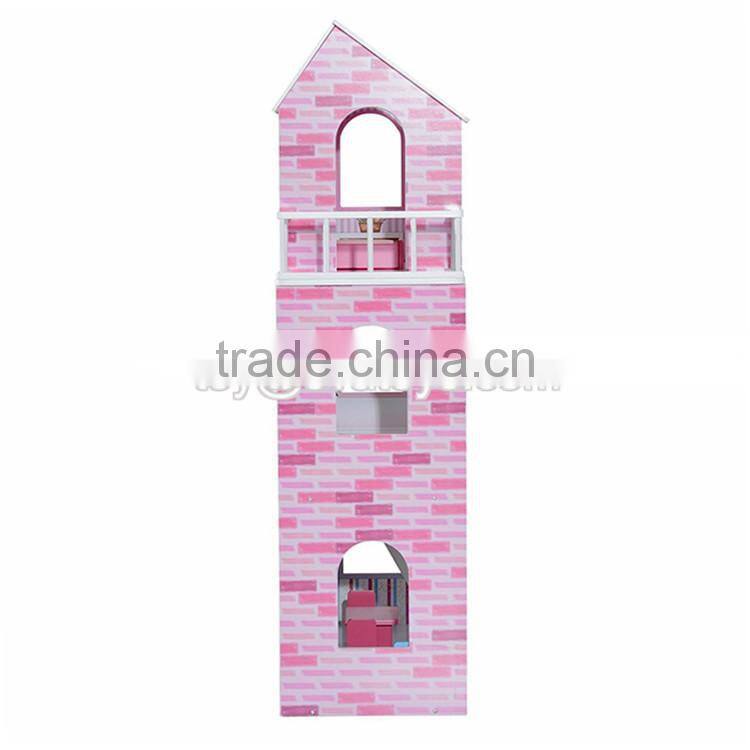 New design 13 pieces of furniture 3 floor pretend play pink wooden cottage dollhouse for children W06A230