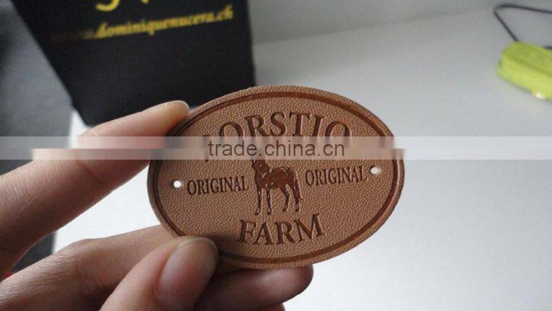 High quality customized debossed real brown leather label for jeans