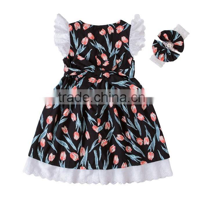 New Arrival Wholesale Baby Toddler Boutique Clothing Beautiful Girl Flower Dress With Headband