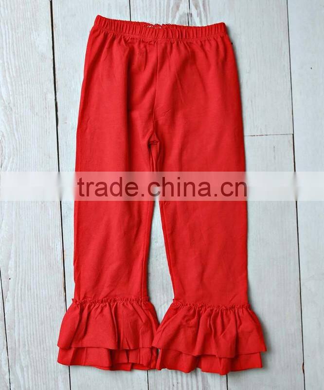 plain red color boutique kids fashion pants solid Christmas two ruffles pants girls tight icing leggings