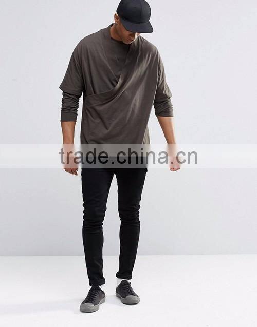 Customize men plain fashion oversized long sleeve double layer kimono t-shirt / tees