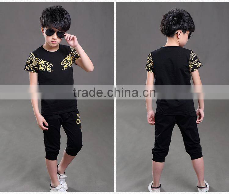 custom wholesale good quality summer boy t shit suit with printing dragon children shirt