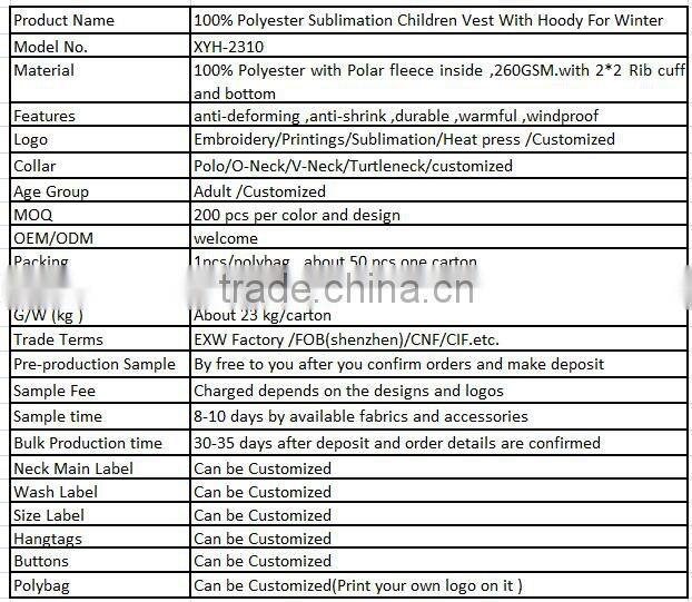 100% Polyester Sublimation Children Vest With Hoody For Winter