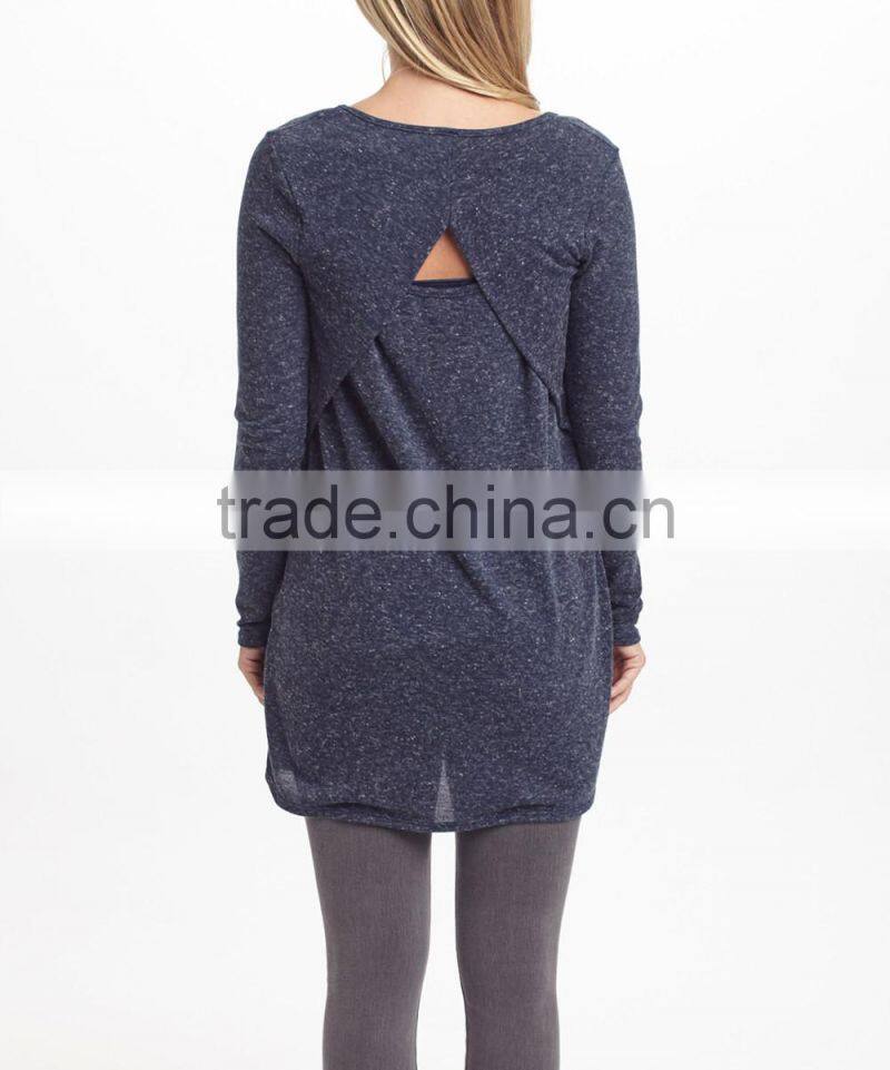 Clearence Long Sleeve Maternity T-Shirt With Navy Heather Cutout-Back Maternity Tunic Tops Women Wear WT80817-65
