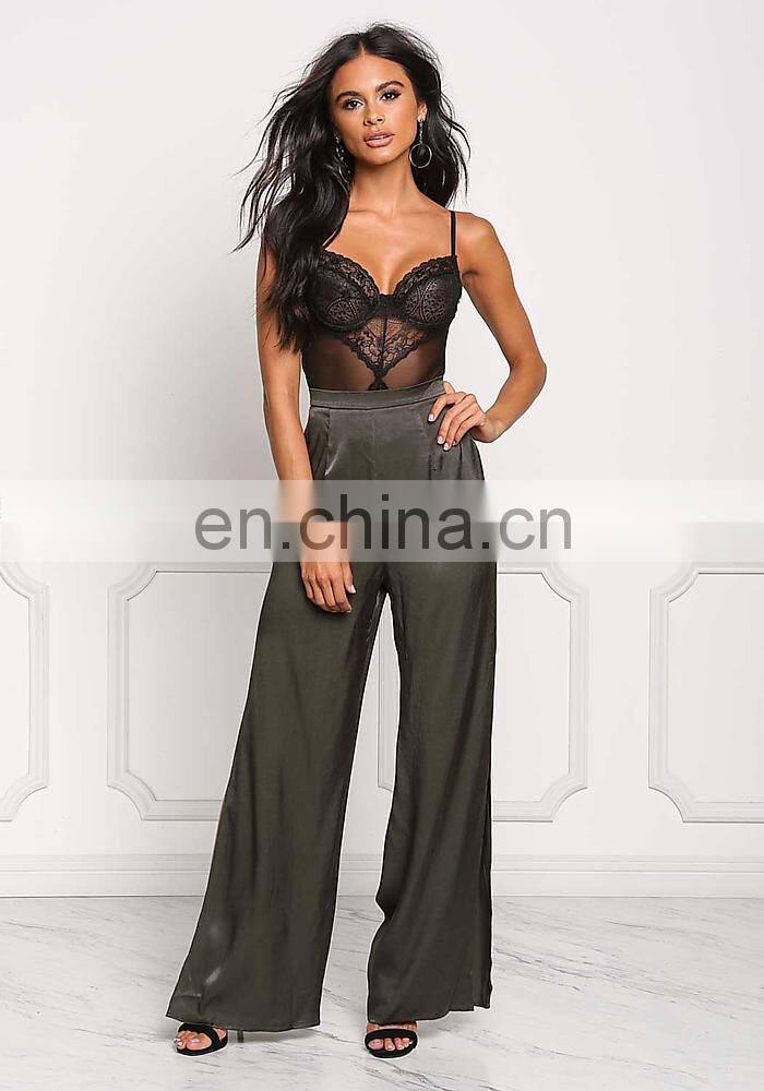 China Product Hot Sale Dark Olive Silky Side Slit Slacks women Long Maxi Pants