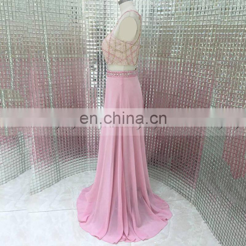 Hot Sale Two-Piece Heavy Beaded Chiffon Pink Evening Dresses LX284