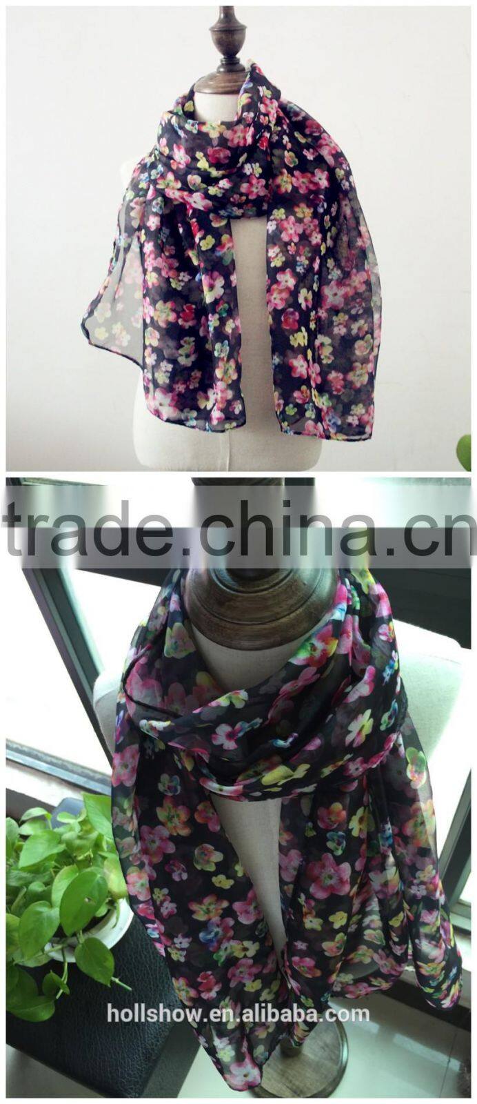 Hot Selling Charm Beautiful Small Flower Printed Polyester Long Fashion Girls Scarf