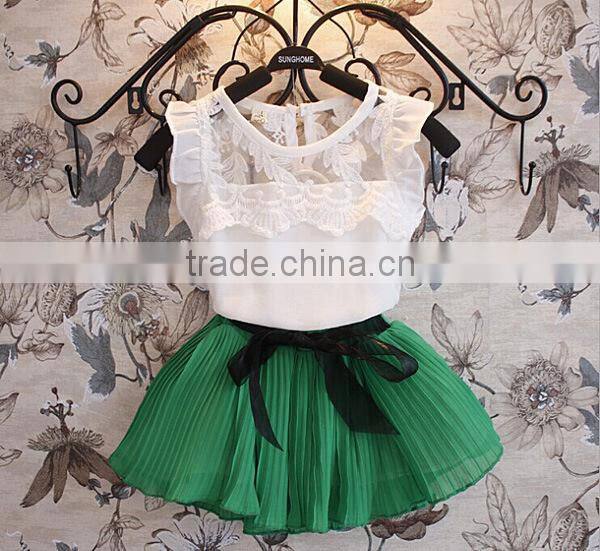 2015 new children chiffon skirt with white tshirt set cheap baby girls clothing set wholesale girls chiffon clothing