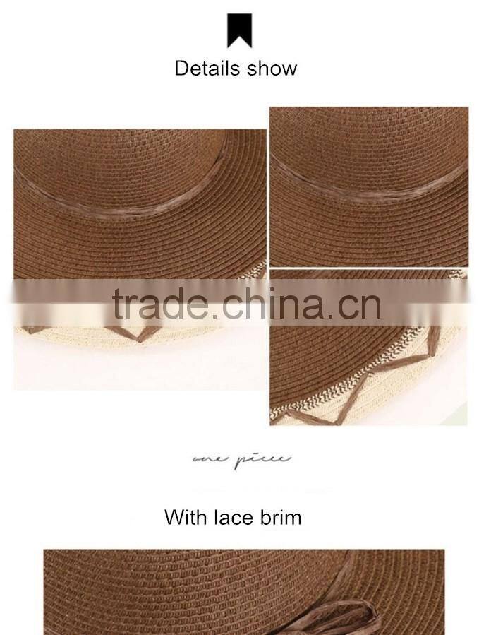 QXSH0014C Summer rope wide brim fedora Straw hat Lace beach hat