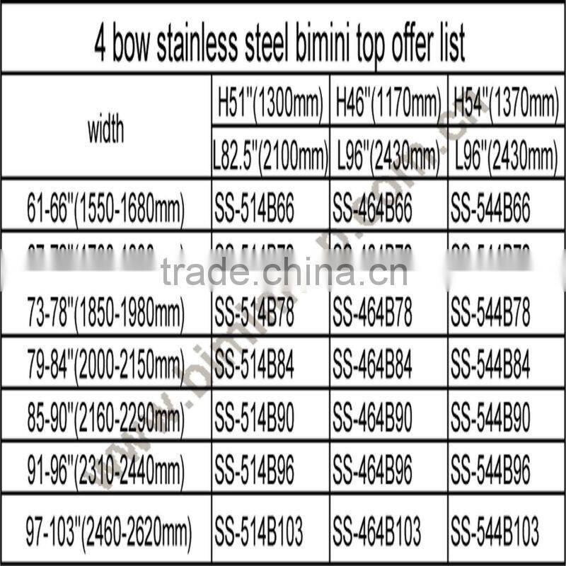 Uv resisitant 4 bow stainless steel tubes sunbrella bimini top