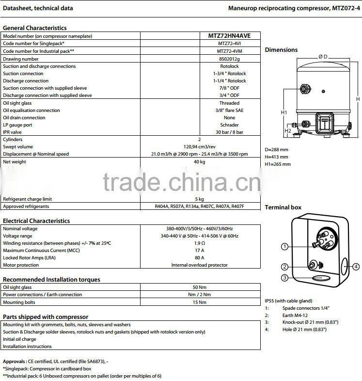 (MTZ072-4VM)Best Maneurop Hermetic Reciprocating Refrigeration Compressor
