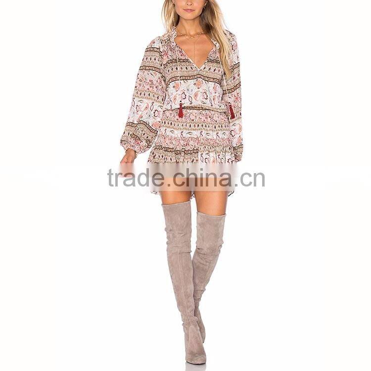 2016 wholesale african balloon long sleeve v neckline tassel woman print mini dress