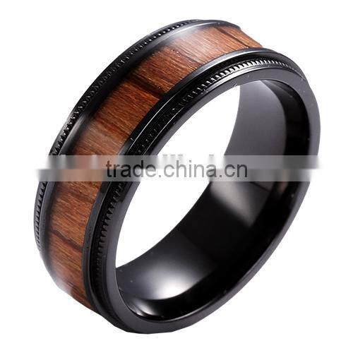 Unique black zirconium ring with wood inlaid