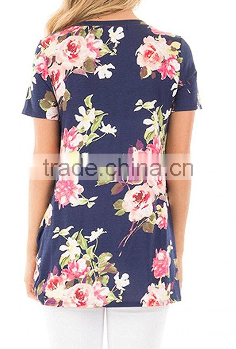 Custom Plus Size USA Women's Floral Print Boutique Summer Casual Short Sleeves Front Side Knot T-Shirts Tops