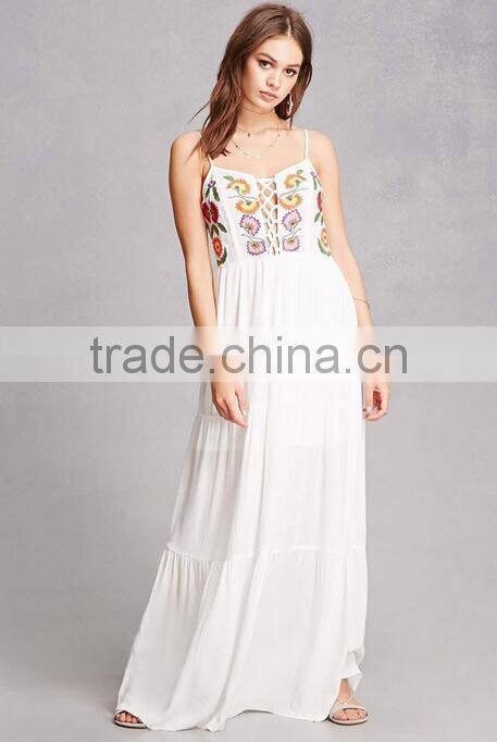 2017 Summer Latest Floral Embroidered Beach Dress Plunging Neckline Boho Maxi Dress HSd9209