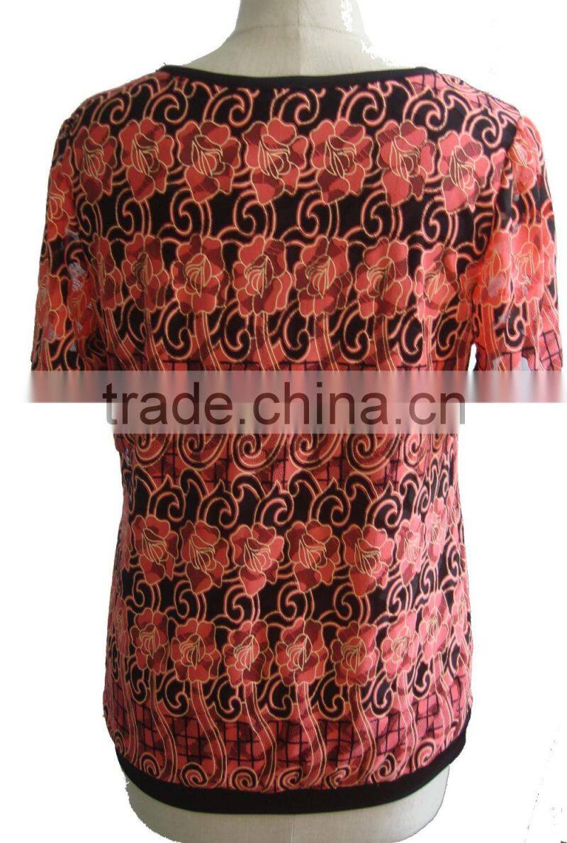 Black with Rose Print Lycra Round Collar Blouse