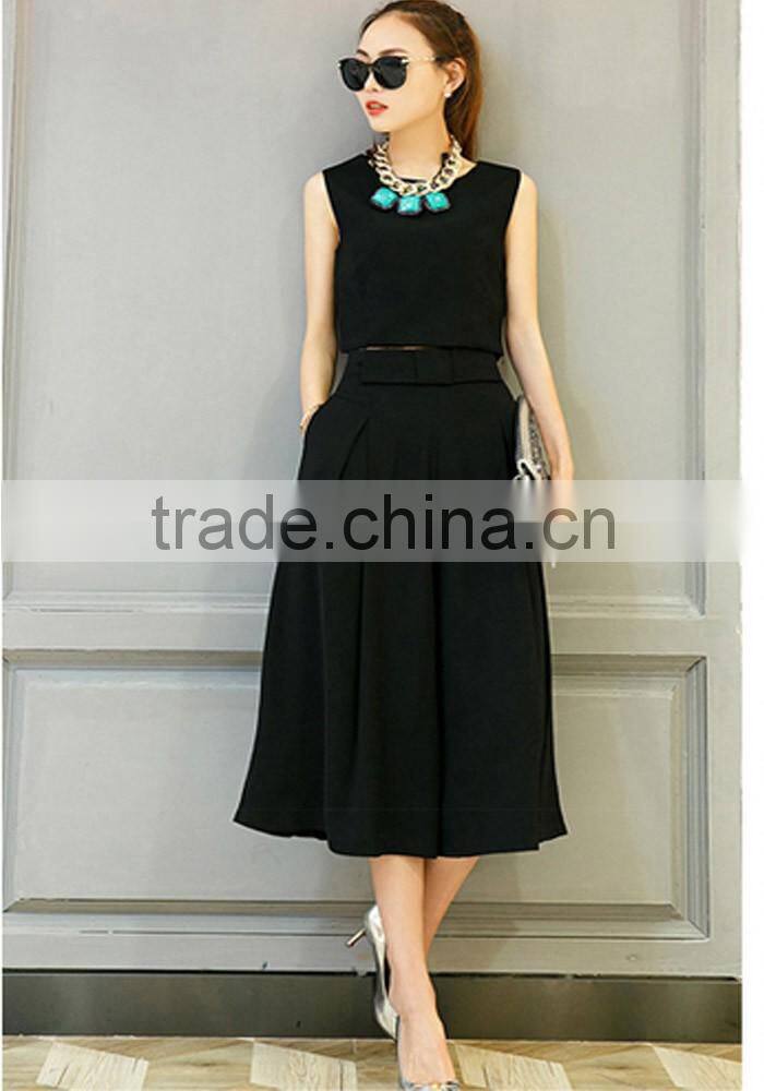 Fashion women clothing two pieces sleeveless black plain salwar suit with wide legging pants