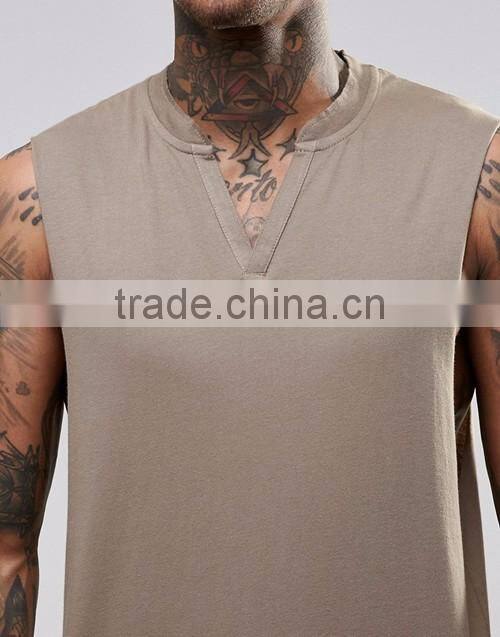 Men 100% cotton blank super long line notch neck sleeveless tee shirt factory suppliers in China