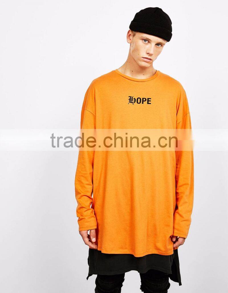 2016 Christmas Long Sleeve T-shirt Wholesale Orange Big Size Apparel Custom Made Mens Over Size Longline Tshirts