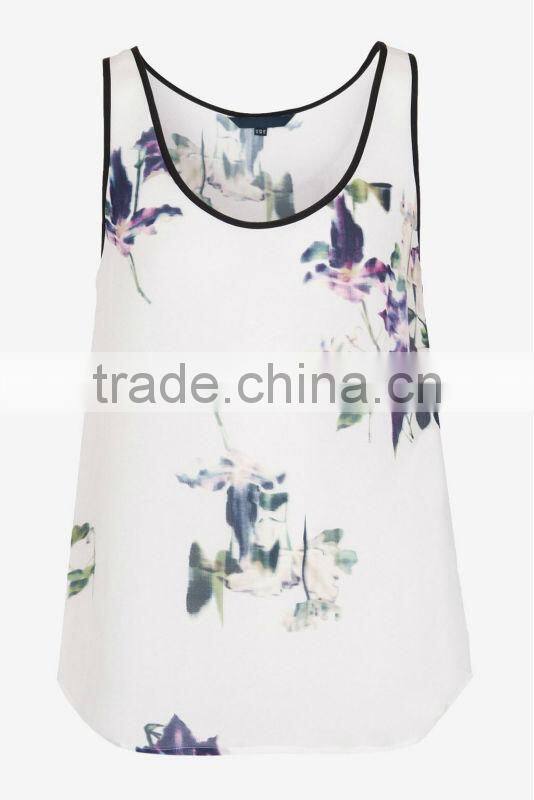 Floral Print Sleeveless Vest Top with Contrast Piping Detail