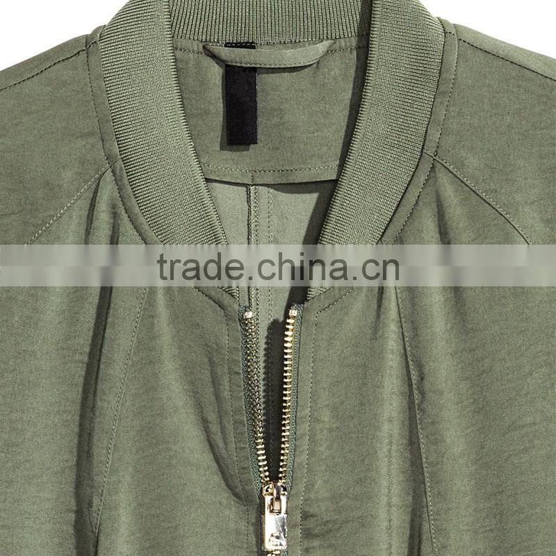 Khaki green soft ribbed collar zip bomber jacket womens thin coats and jackets
