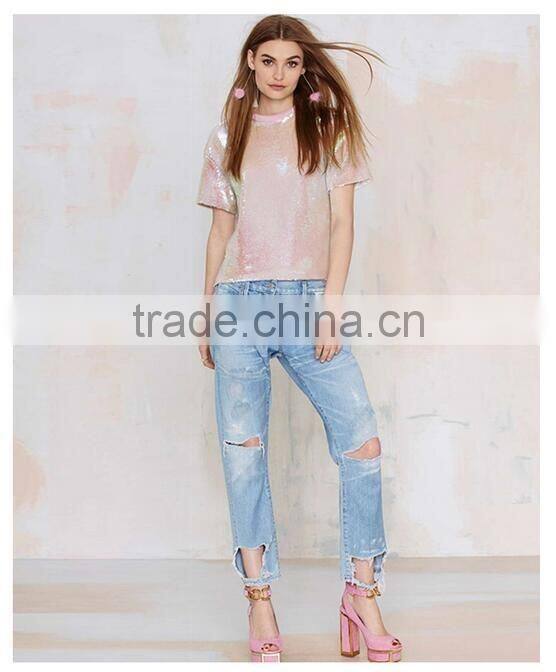 Ladies pink short sleeve loose european style fashion paillette t shirt