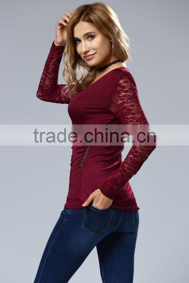 Clothes woman fashion long bell sleeve deep V neck lace blouse 2017