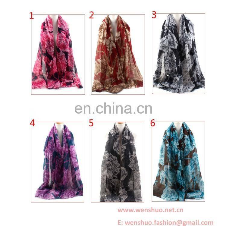 Wholesale Fashion Begonia Flowers Printed Joker Tippet Voile Scarf